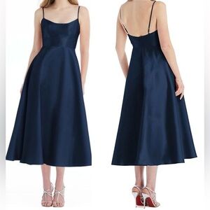 NWT Alfred Sung Spaghetti-Strap Satin Midi Dress Midnight Navy Blue